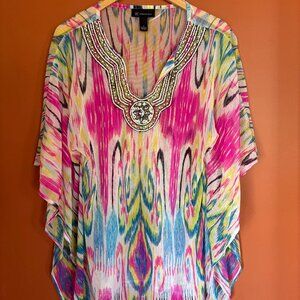 INC Womens Top Size S White Pink Blue Printed Blouse Cap Sleeve Shirt Nylon